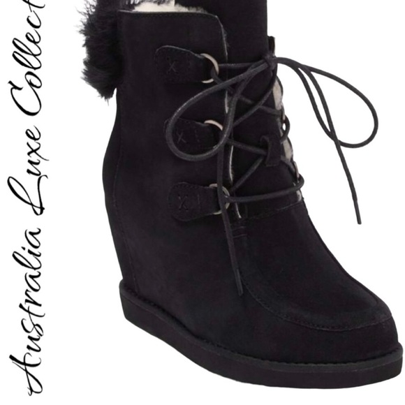 Australia Luxe Collective Genuine Sheepskin Fur Lined Wedge Black Boot 9 mint - Picture 1 of 10